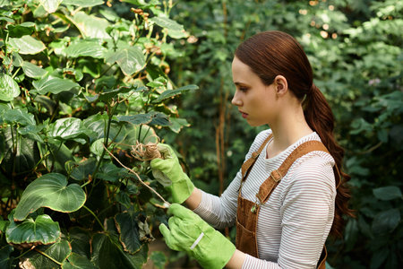 Woman in green gloves tending plants in a sunlit greenhouse full of greenery.の写真素材