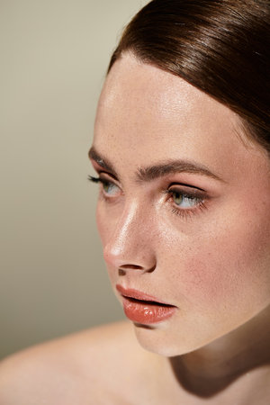 A young woman radiates grace with her flawless skin and striking eyes on a soft background.の写真素材