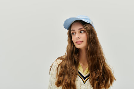 A young woman in a cozy sweater and light blue cap pauses thoughtfully against a neutral backdrop.