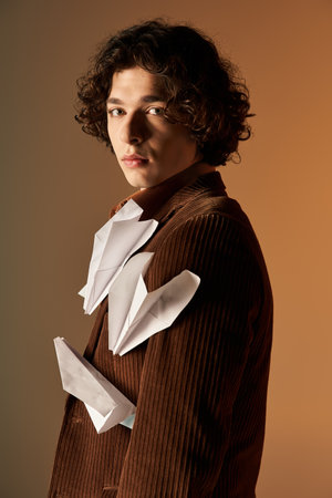 A young man with curly hair poses in a trendy brown blazer with paper planes in a studio.
