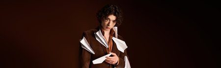 A stylish young man stands confidently in a studio adorned with whimsical paper planes, banner