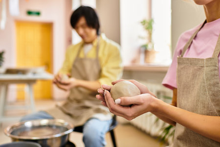 Young couple enjoys working with clay in a pottery studio, sharing smiles and artistic moments.の写真素材