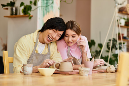 A young couple joyfully shapes clay in a pottery studio, sharing their passion and creativity.