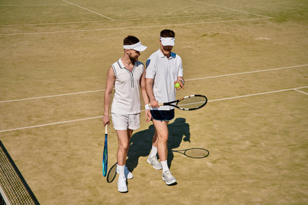 Two young men share a joyful moment while playing tennis on a sunny court in summer.