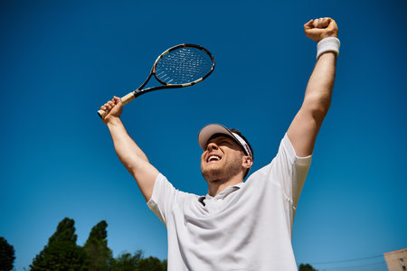 A joyful male tennis player raises his arms in triumph under a clear blue sky.の写真素材