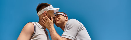 Two young men play tennis, exchanging smiles and kisses under the sun, banner
