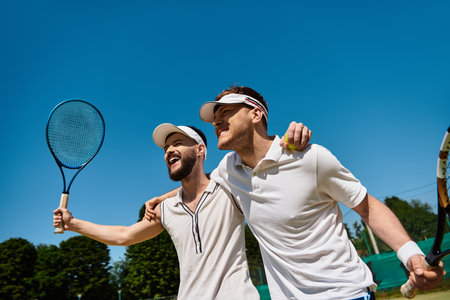 Two friends celebrate a joyful moment after an exciting outdoor tennis match.の写真素材