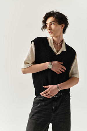 Stylish young man poses confidently in a minimalist studio, highlighting contemporary trends.
