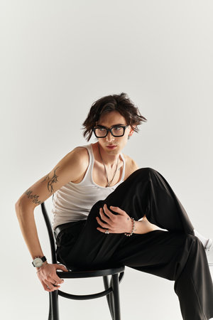A stylish young man relaxes on a chair, wearing a white tank top and displaying trendy accessories.