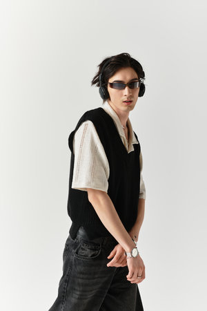 Dressed in a stylish ensemble, a man confidently poses in a sleek studio backdrop.