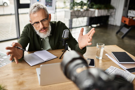 A man passionately discusses ideas in a contemporary office setting during a virtual session.