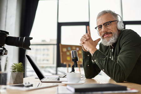 Man with headphones attentively participating in virtual meeting at his stylish office setup.のeditorial素材