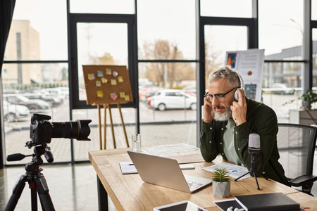 A professional speaking on a video call in a modern office filled with natural light.