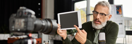 A man presents information using a tablet while sitting in a stylish office environment.