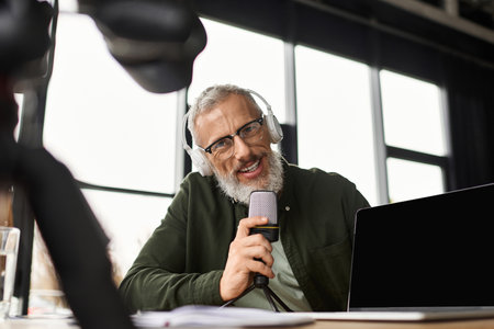 A man with glasses and headphones passionately talks into a microphone at his desk.のeditorial素材