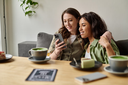 A joyful lesbian couple shares laughter over green tea while looking at a smartphone in a cafe.