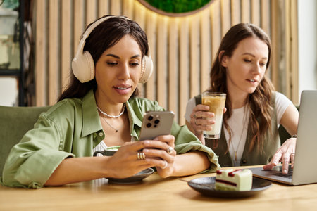 Two women share a cozy moment at a cafe as they enjoy drinks together.