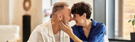 A middle aged couple enjoys an affectionate moment together at home, basking in happiness, bannerの写真素材