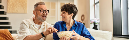 Middle aged couple share laughter and popcorn on a cozy sofa at home in a joyful moment, bannerの写真素材