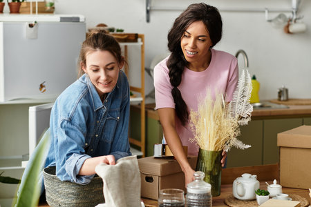 Two women enjoy each others company as they arrange decor in their inviting living space.の写真素材