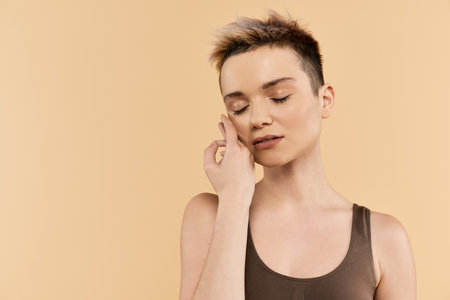 A young woman radiates self acceptance and confidence with her unique beauty.