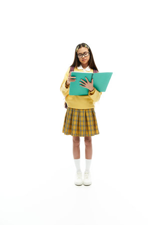 A young Asian schoolgirl dressed in a modern uniform, holding folders and focusing intently.のeditorial素材
