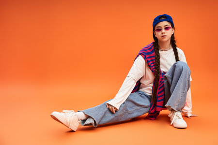 Teenage girl showcases her fashion sense in a studio, sitting casually against an orange background.