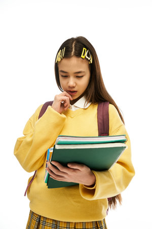 A stylish asian schoolgirl checks her notebooks in a studio, dressed in a fashionable outfit.のeditorial素材