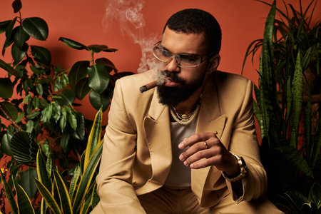 Charming man in summer attire relaxes surrounded by vibrant plants while smoking a cigar.