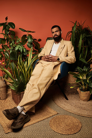 A dapper young man sits stylishly among lush greenery, showcasing summer fashion vibes.のeditorial素材