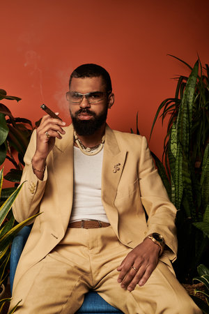 Handsome man in a light suit relaxes with a cigar, surrounded by vibrant plants and warm colors.