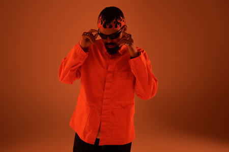 A stylish young man embraces summer vibes, wearing vibrant orange attire and sunglasses.