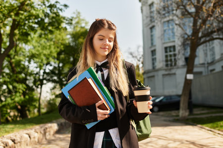A college student strolls through a green campus, content with books and coffee in hand.の写真素材