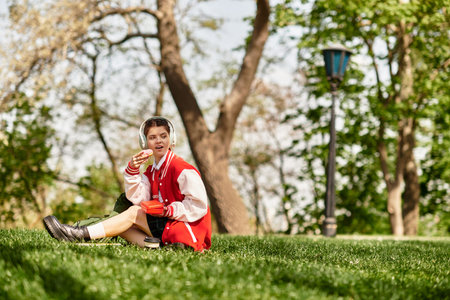 A young adult in a red bomber jacket relaxes on the grass while listening to music and snacking.の写真素材