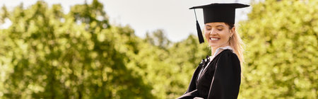 A joyful college girl beams in her gown and cap as she celebrates graduation, banner