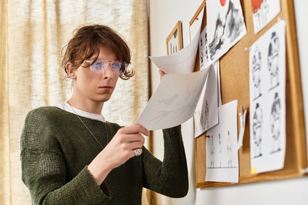 A focused young man reviews his artistic sketches at home, surrounded by inspiration and creativity.の写真素材