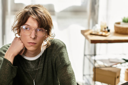 A young man with glasses appears contemplative while seated in his cozy home environment.の写真素材