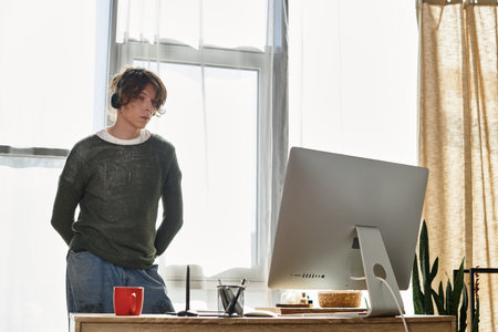 A dedicated young man studies intently in his cozy home space surrounded by natural light.の写真素材