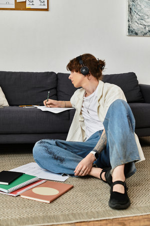 Young man engages in focused study at home, surrounded by books and notes in a cozy setting.の写真素材