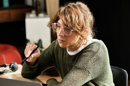 Enthusiastic student engages in study at home, thoughtfully analyzing materials to grasp concepts.の写真素材