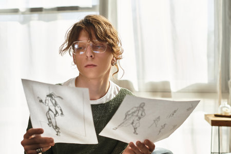 Focused young man studies his detailed sketches in a sunlit room, embracing artistic expression.