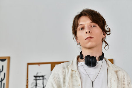 A young student at home is focused on his studies with headphones resting around his neck.の写真素材