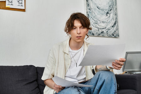 Student sits comfortably at home, examining papers with focus and determination during study time.の写真素材