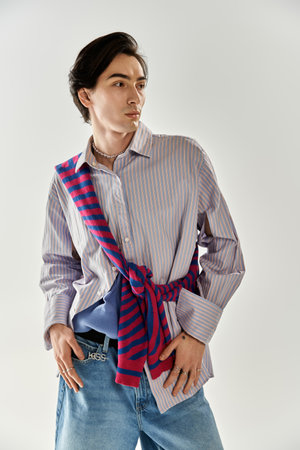 A young non binary person displays confidence and creativity with their unique outfit in a studio.