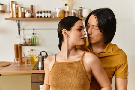 A couple enjoys a tender moment together in their warm and inviting kitchen, radiating love.