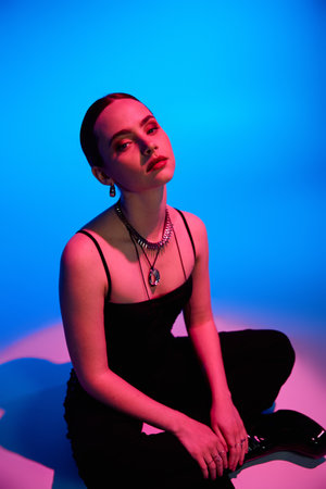 A young woman flaunts her stylish outfit against a bright blue and pink backdrop.