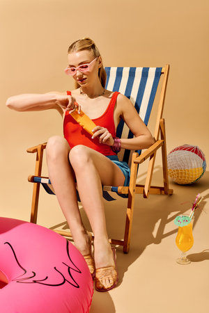 A young woman in a red top enjoys a colorful drink while sitting on a deck chair.
