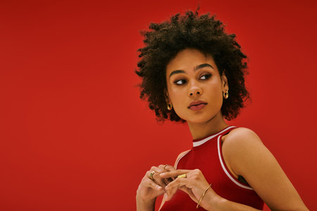 A young woman poses stylishly, showcasing her unique fashion on a bold red backdrop.のeditorial素材