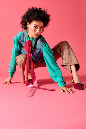 Young woman showcases bold style and confidence while posing creatively in a bright setting.のeditorial素材