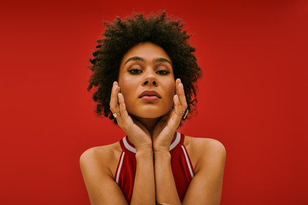 A stunning young woman confidently shows her unique style against a red backdrop.のeditorial素材